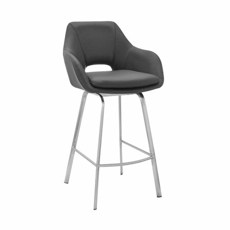 SEATSOLUTIONS 26 in. Aura Gray Faux Leather & Brushed Stainless Steel Swivel Counter Stool SE2094007